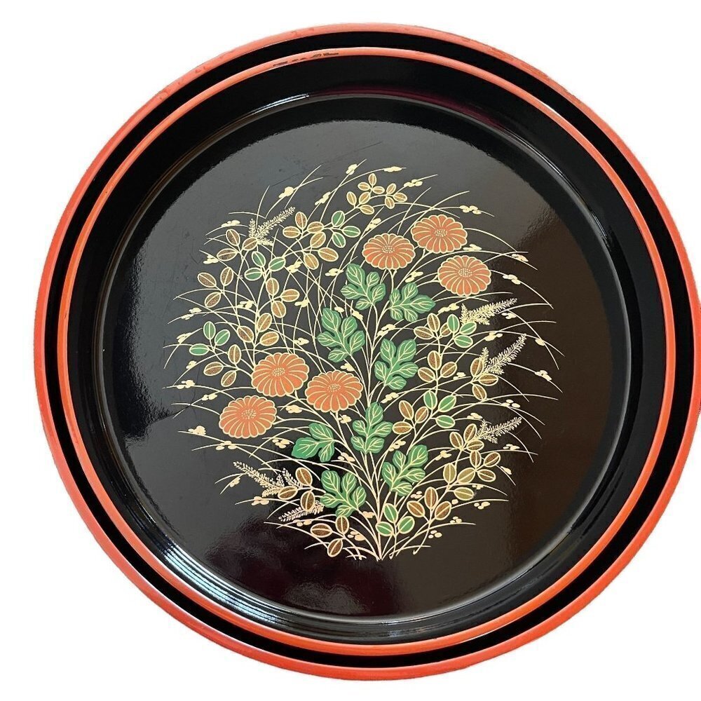 Set of 2 Japanese Nesting Black Lacquer Round Floral Painted Serving Trays